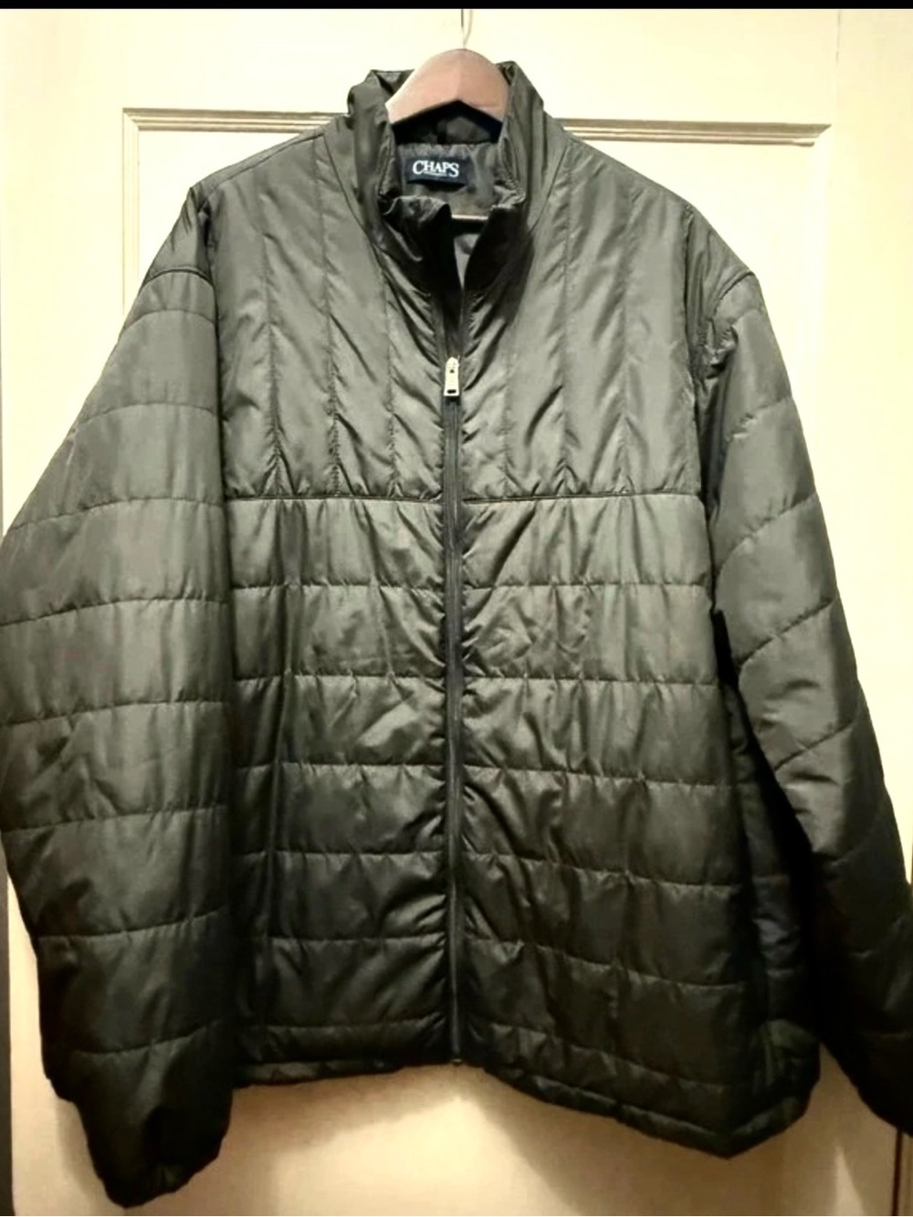 Chaps Men's Black Quilted Puffer Jacket with Stand Collar